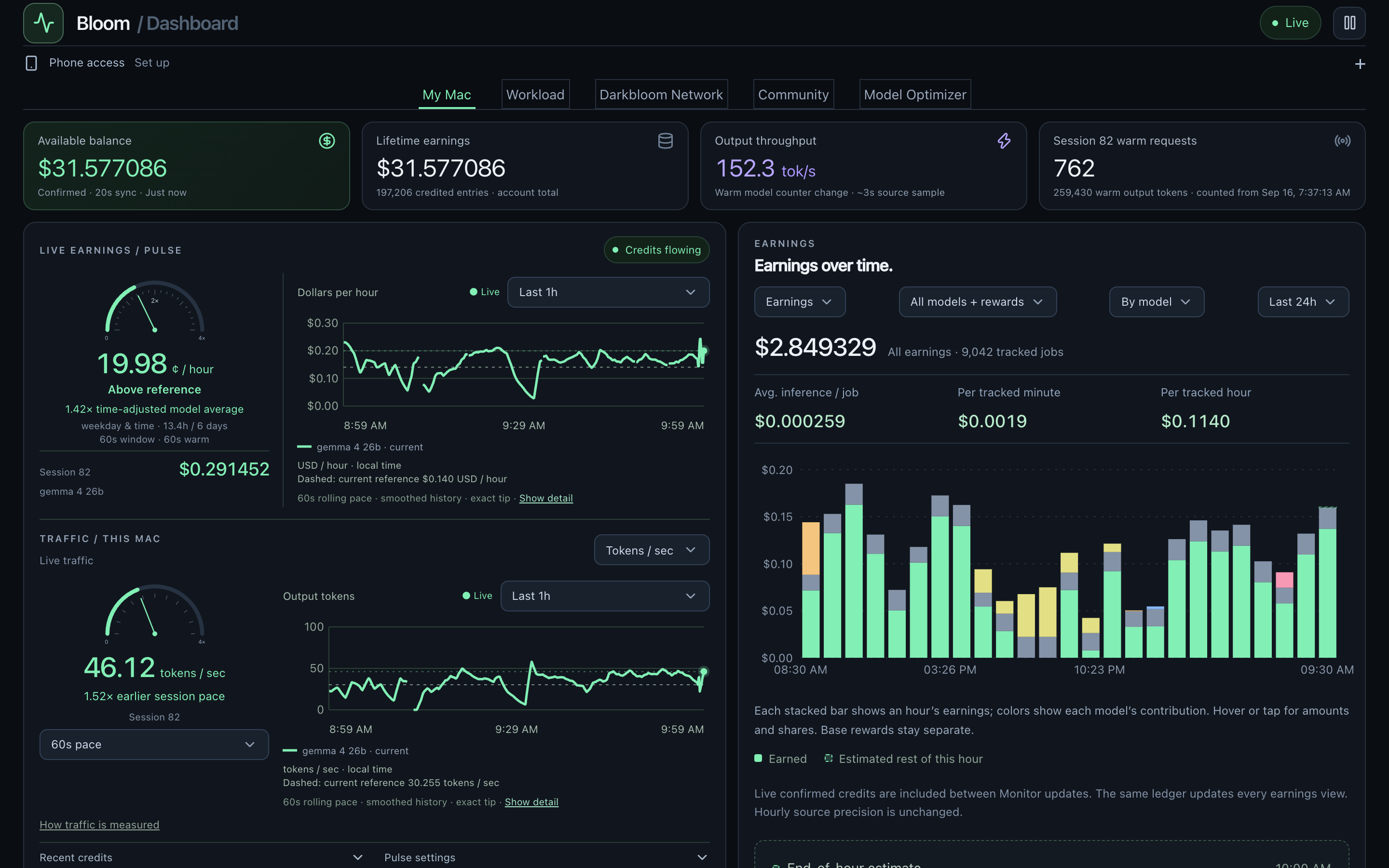 Bloom on Mac, showing live earnings and traffic pulses alongside earnings broken down by model